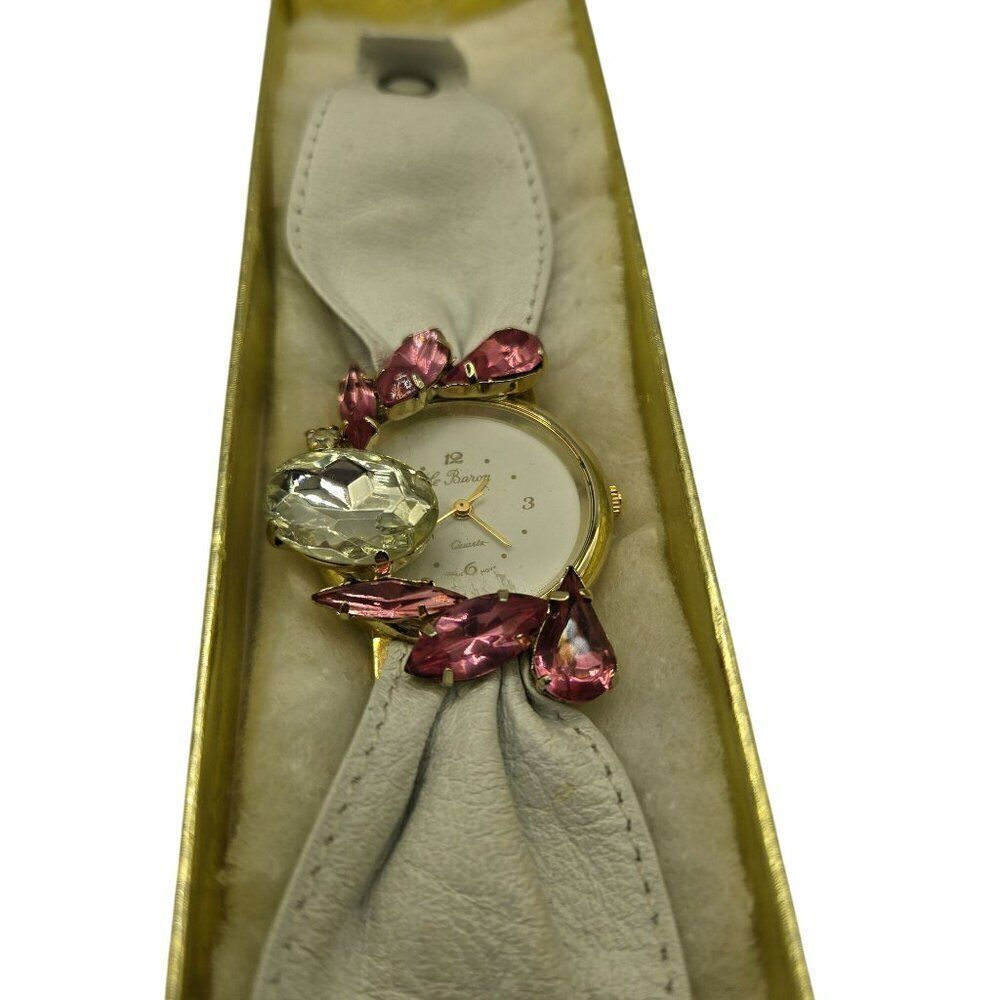 Vintage 80s Le Baron Watch Bracelet White Leather Crystal Pink Glam